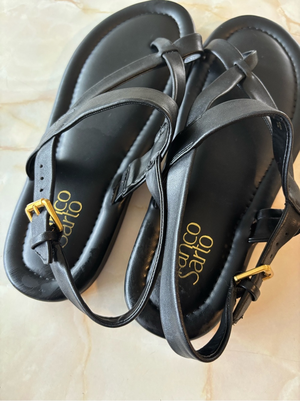Franco Sarto Black Leather Thong Sandals with Ankle Strap